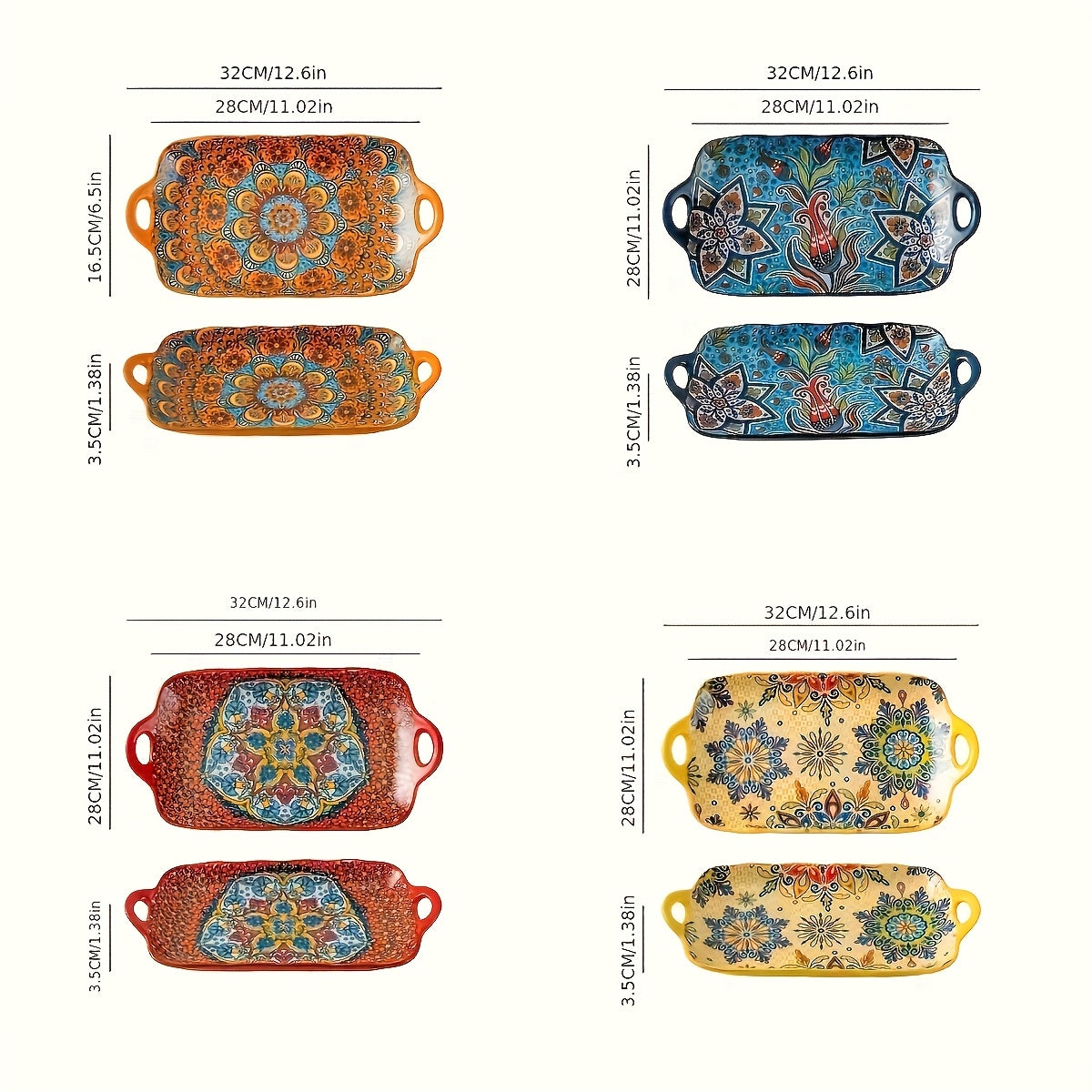 4 Large Rectangular Bohemian Ceramic Fish Plates