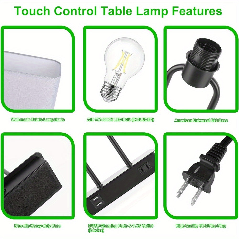 3 Way Touch Control Table Lamp w/Dual USB Charging