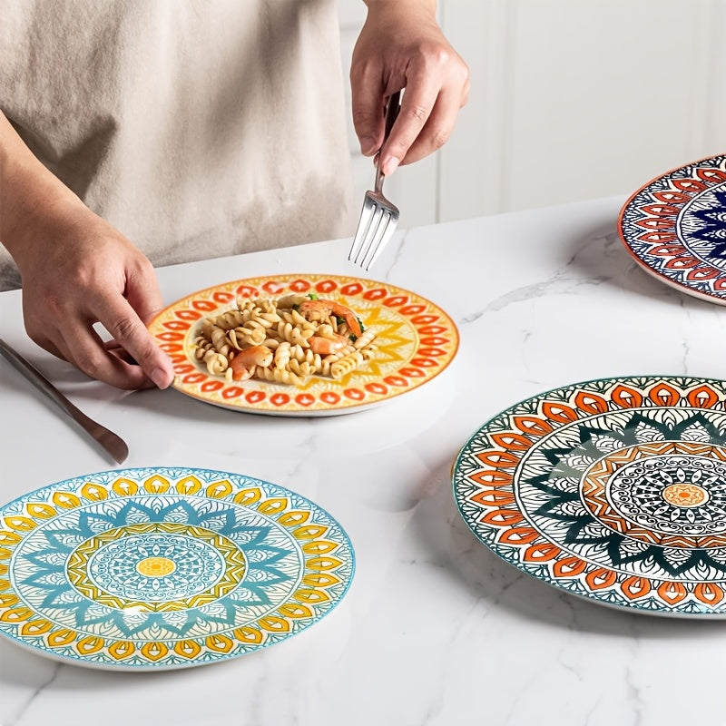 4pcs Hand Painted Ceramic Boho Style Plate - 8 Inches