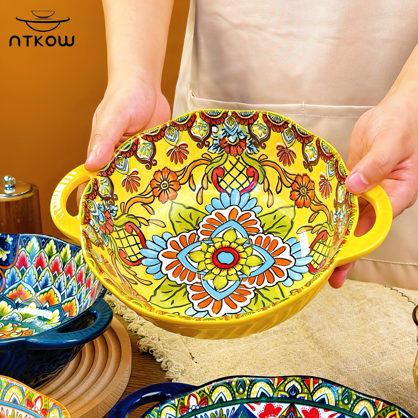 Hand-painted 1pc Bohemian Style Ceramic Noodle Salad Plate