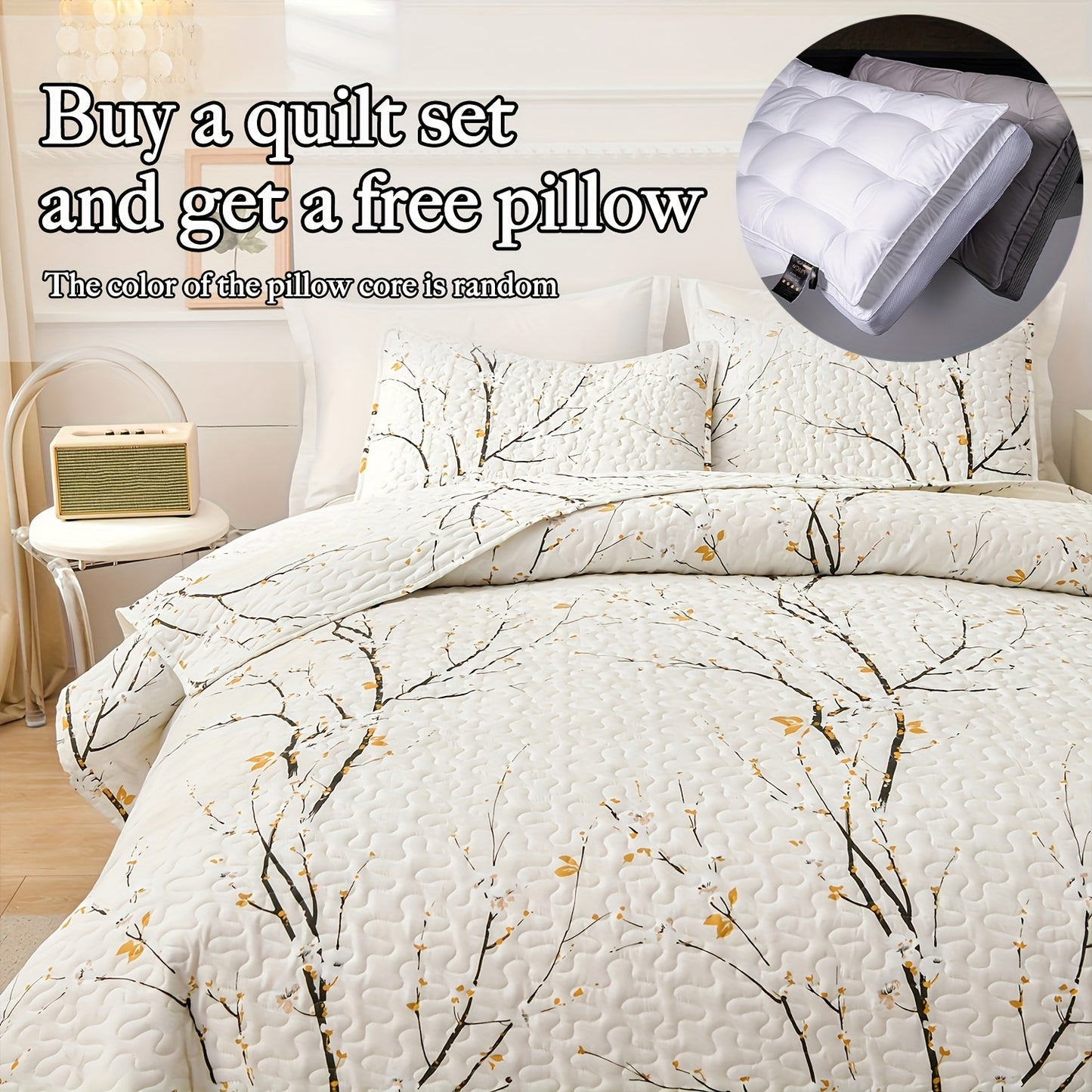 3pcs Plum Blossom White Quilt Set