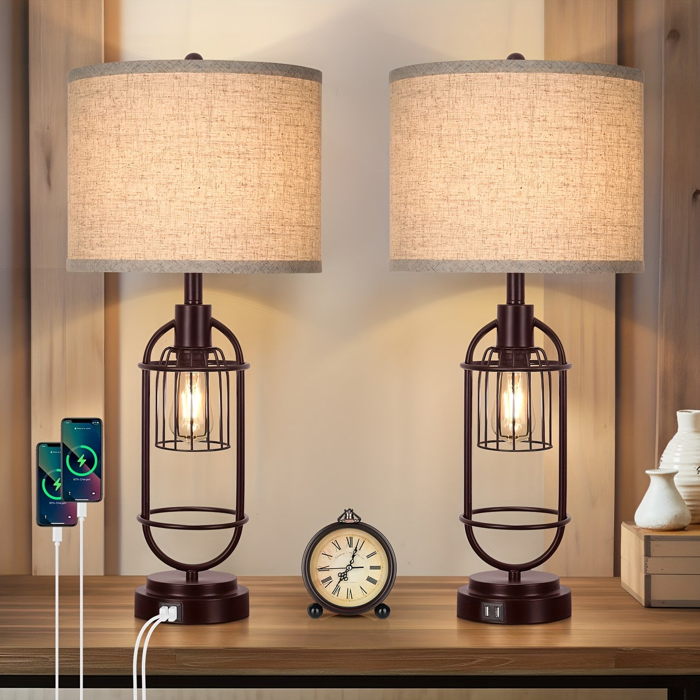 29" Tall 2-Light Bedside Lamps, Farmhouse w/charging ports