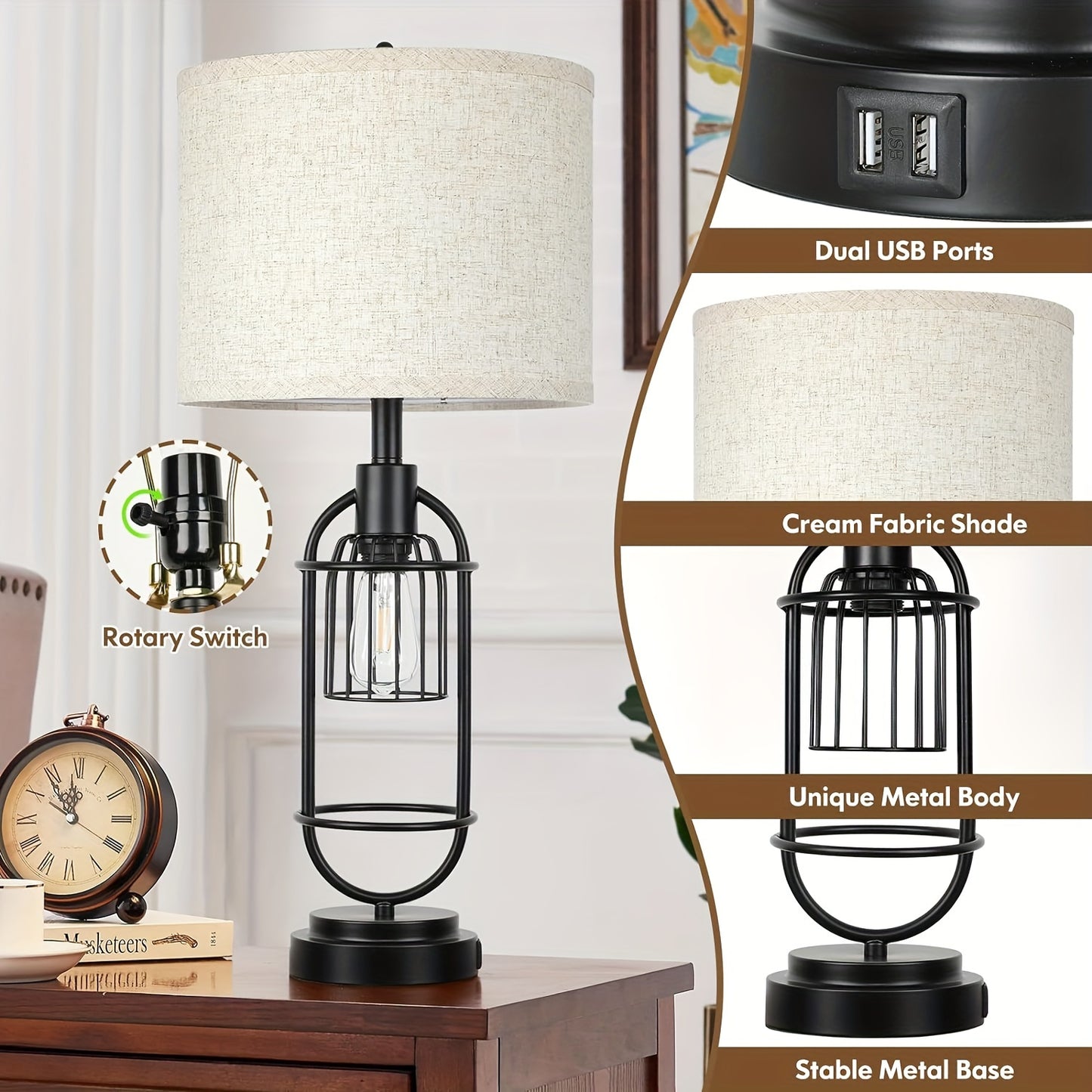 29" Tall 2-Light Bedside Lamps, Farmhouse w/charging ports