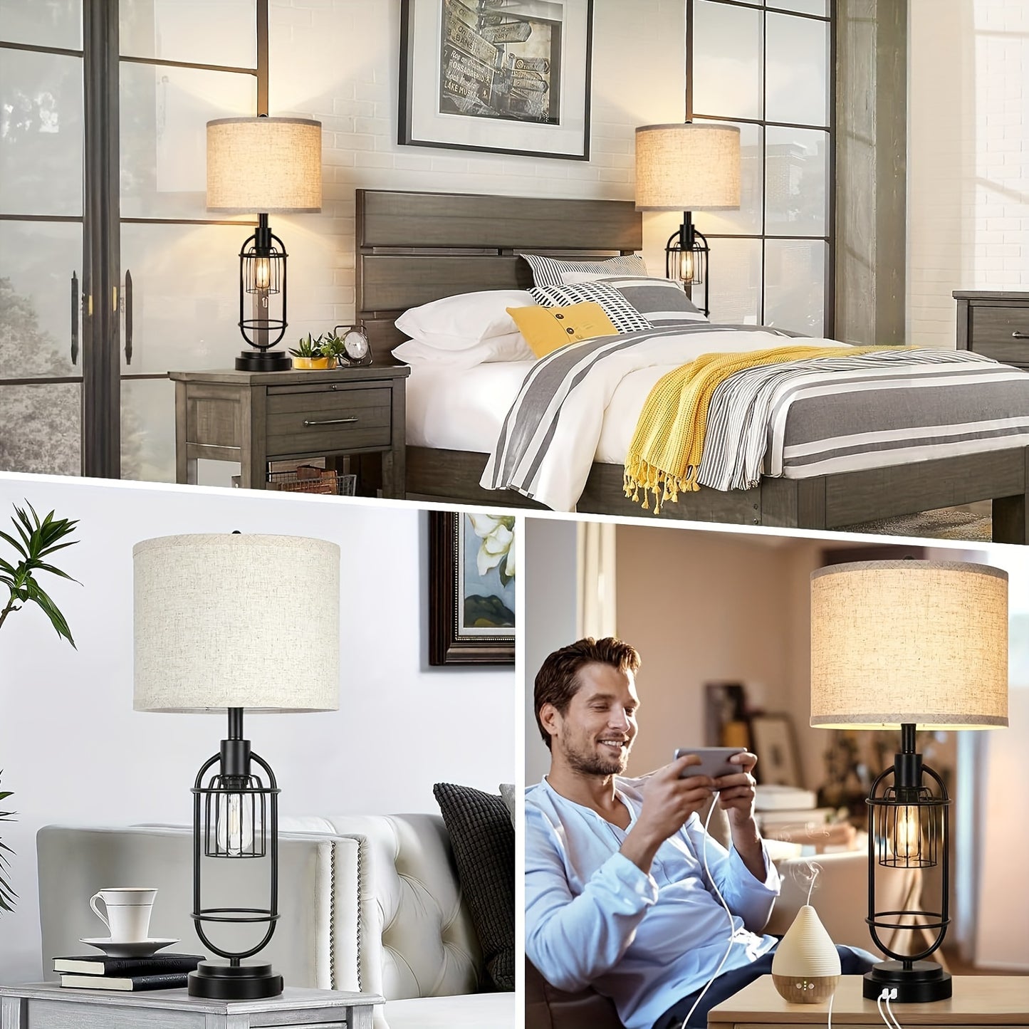 29" Tall 2-Light Bedside Lamps, Farmhouse w/charging ports