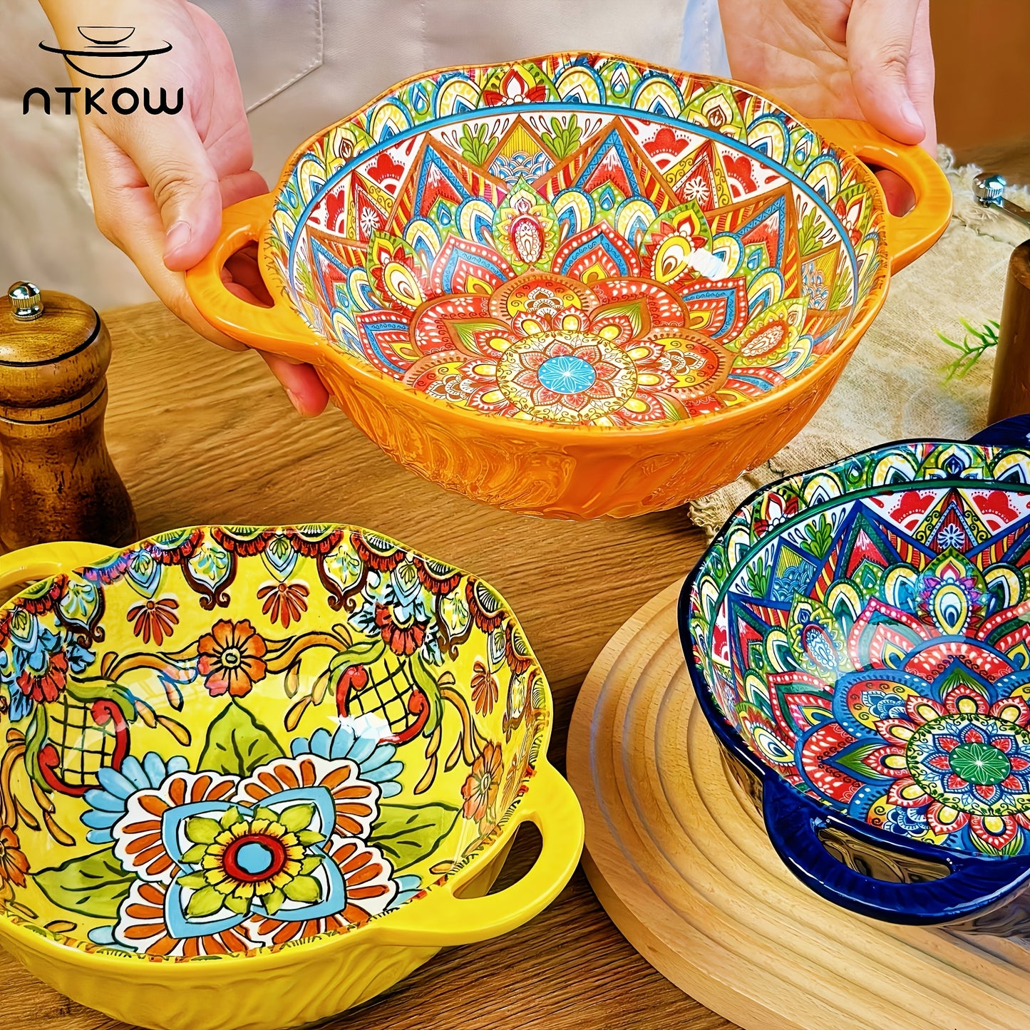 Hand-painted 1pc Bohemian Style Ceramic Noodle Salad Plate