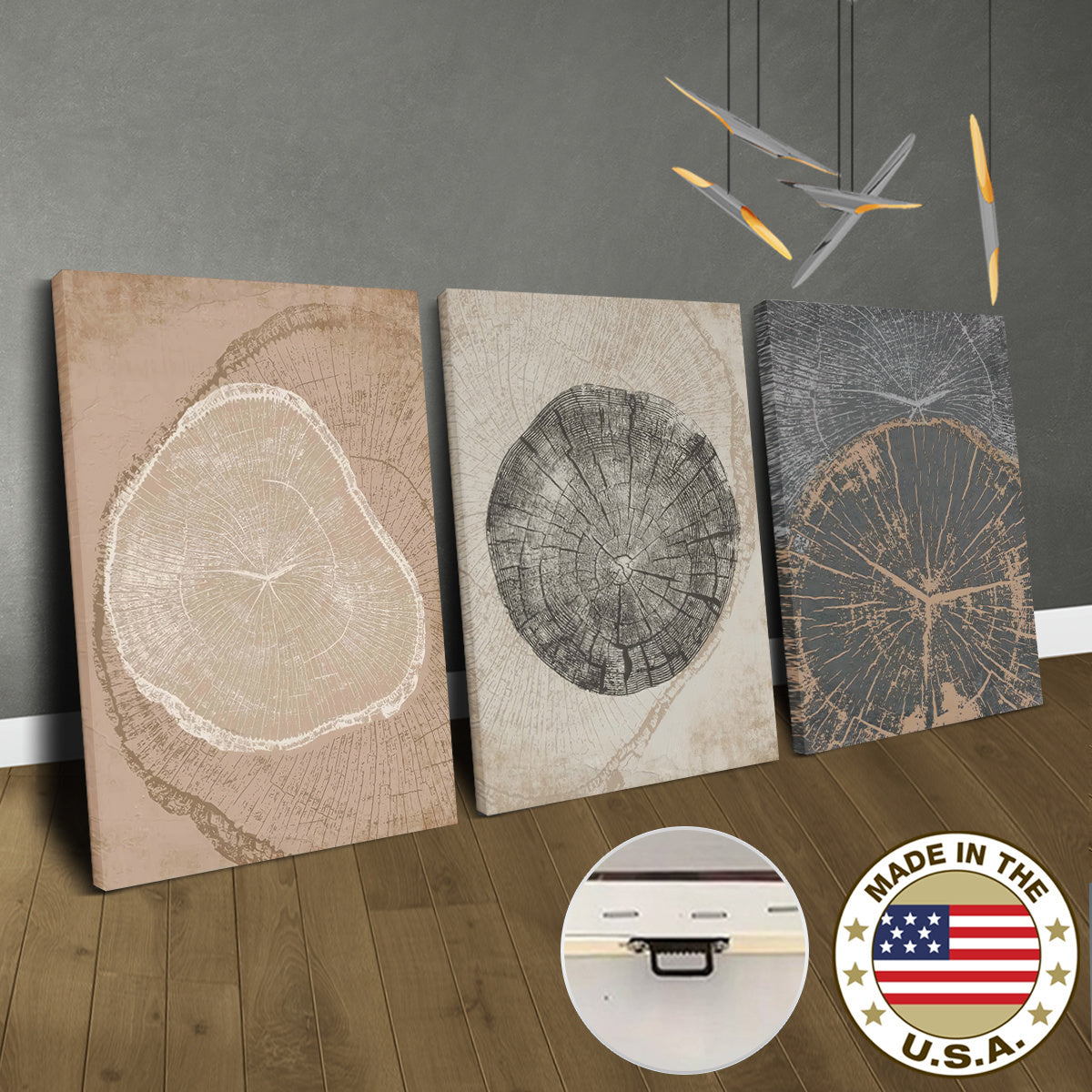 3pcs Modern Tree Ring Framed Canvas Wall Art