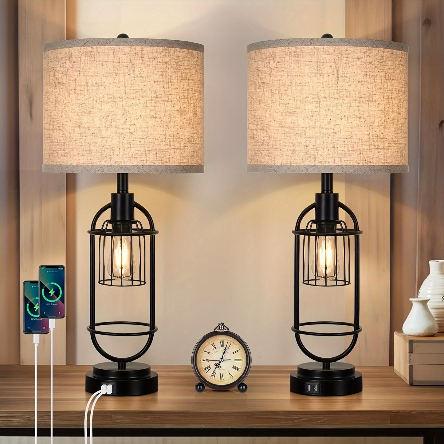 29" Tall 2-Light Bedside Lamps, Farmhouse w/charging ports
