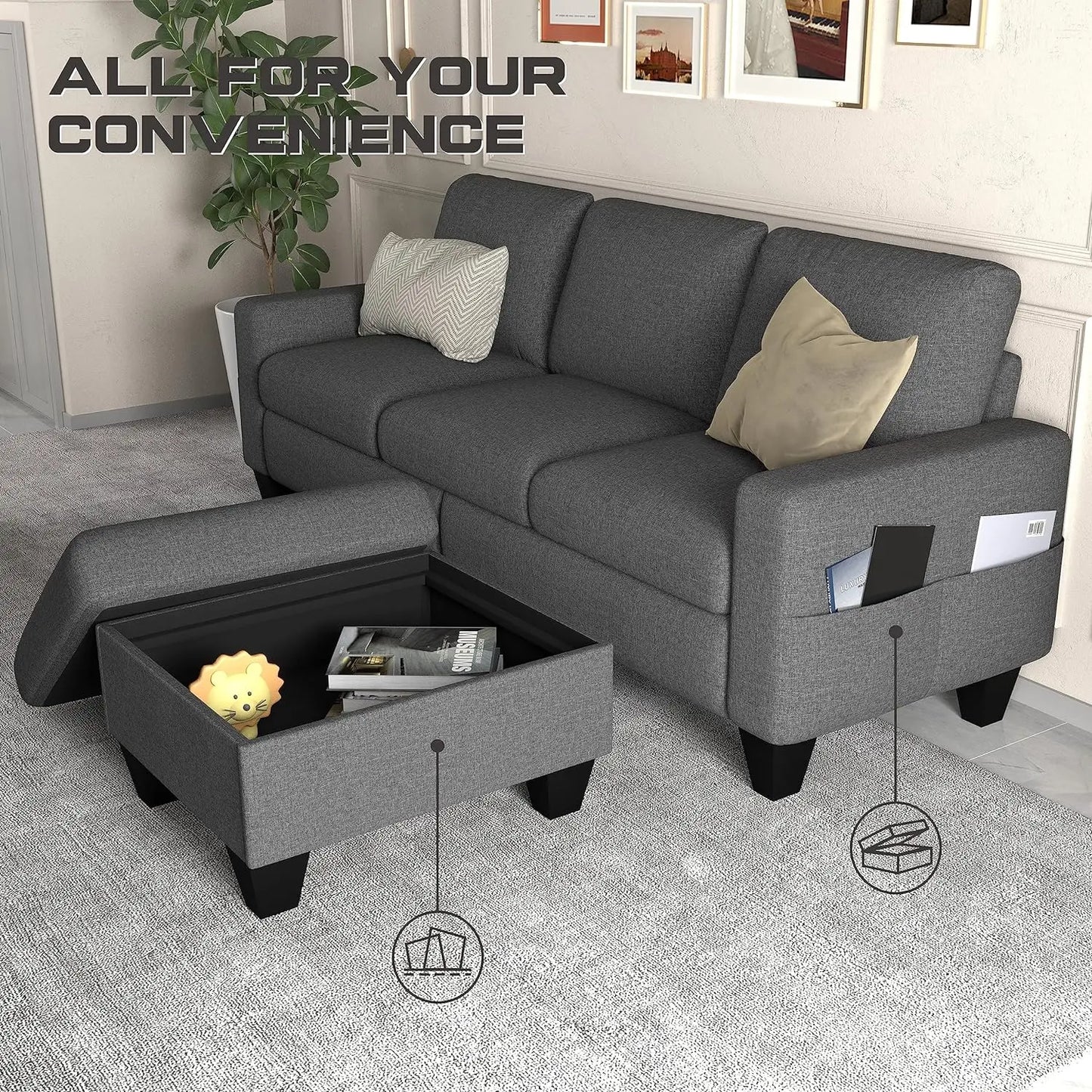 Convertible sofa, modern 3-seater with storage footstool
