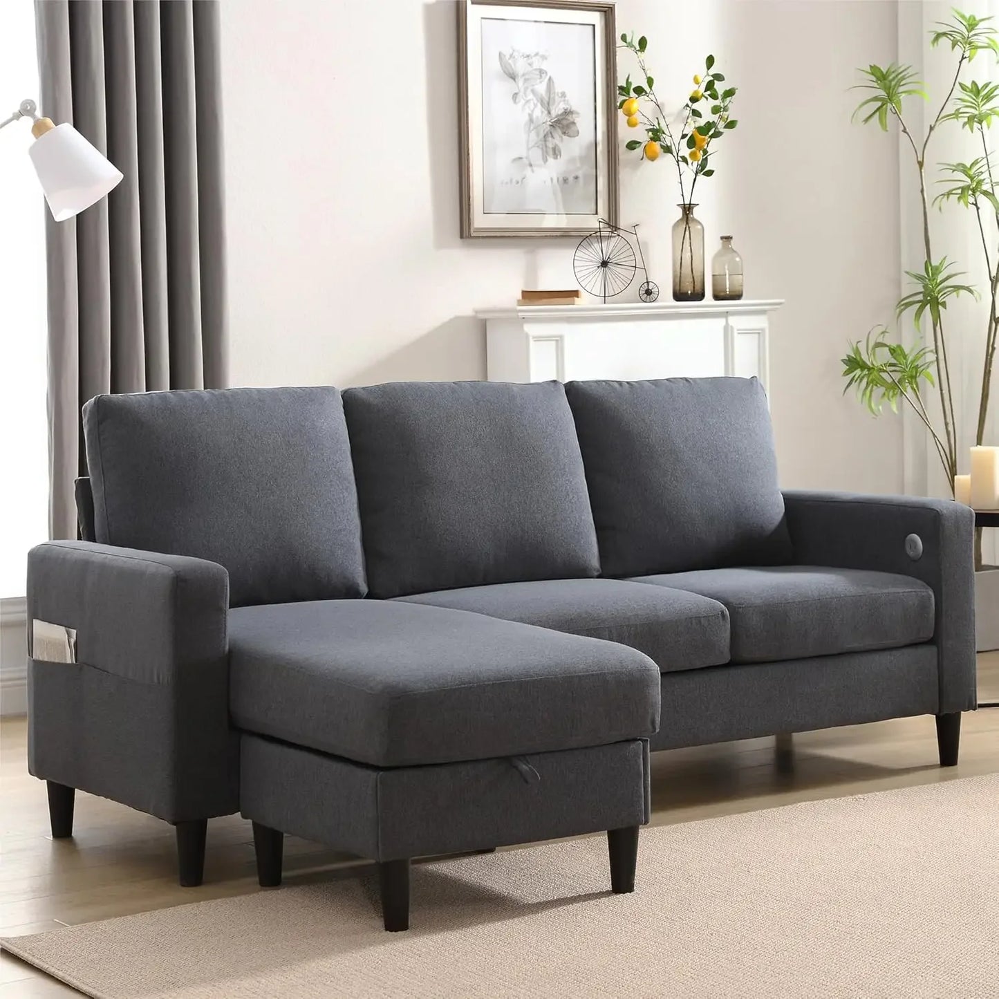 Linen Sofa 3-Seats w/Chaise & Charging Ports
