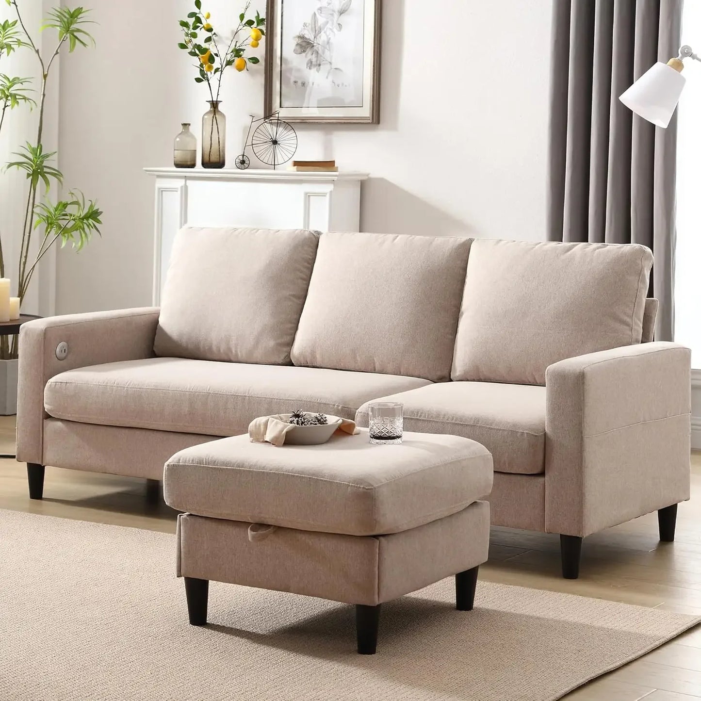 Linen Sofa 3-Seats w/Chaise & Charging Ports