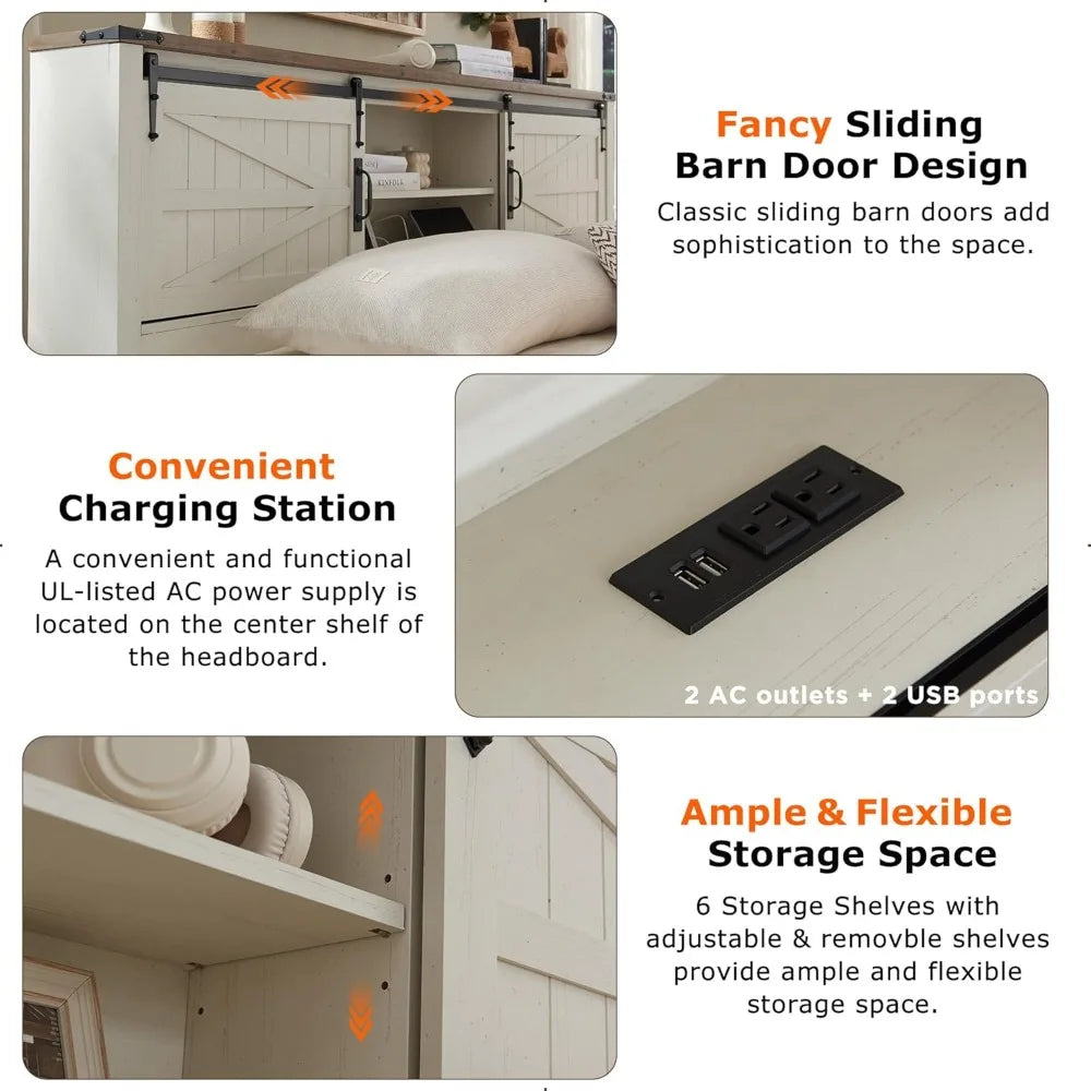 Farmhouse King Size Bed Frame w/Charging Station,