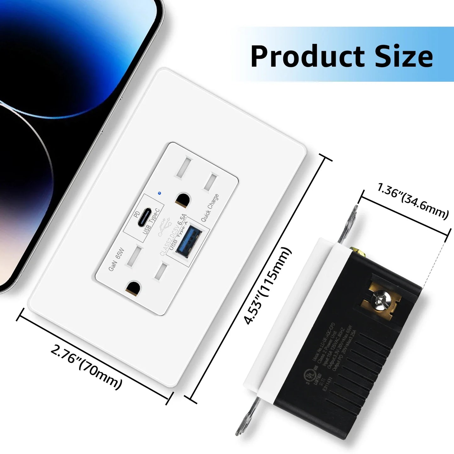 PD3.0 65W Type C 15 Amp Receptacle Outlet
