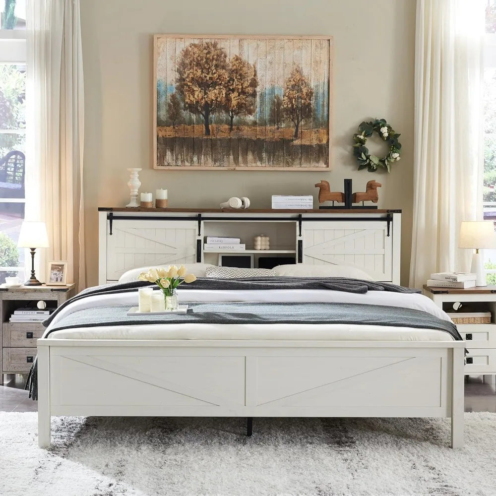 Farmhouse King Size Bed Frame w/Charging Station,