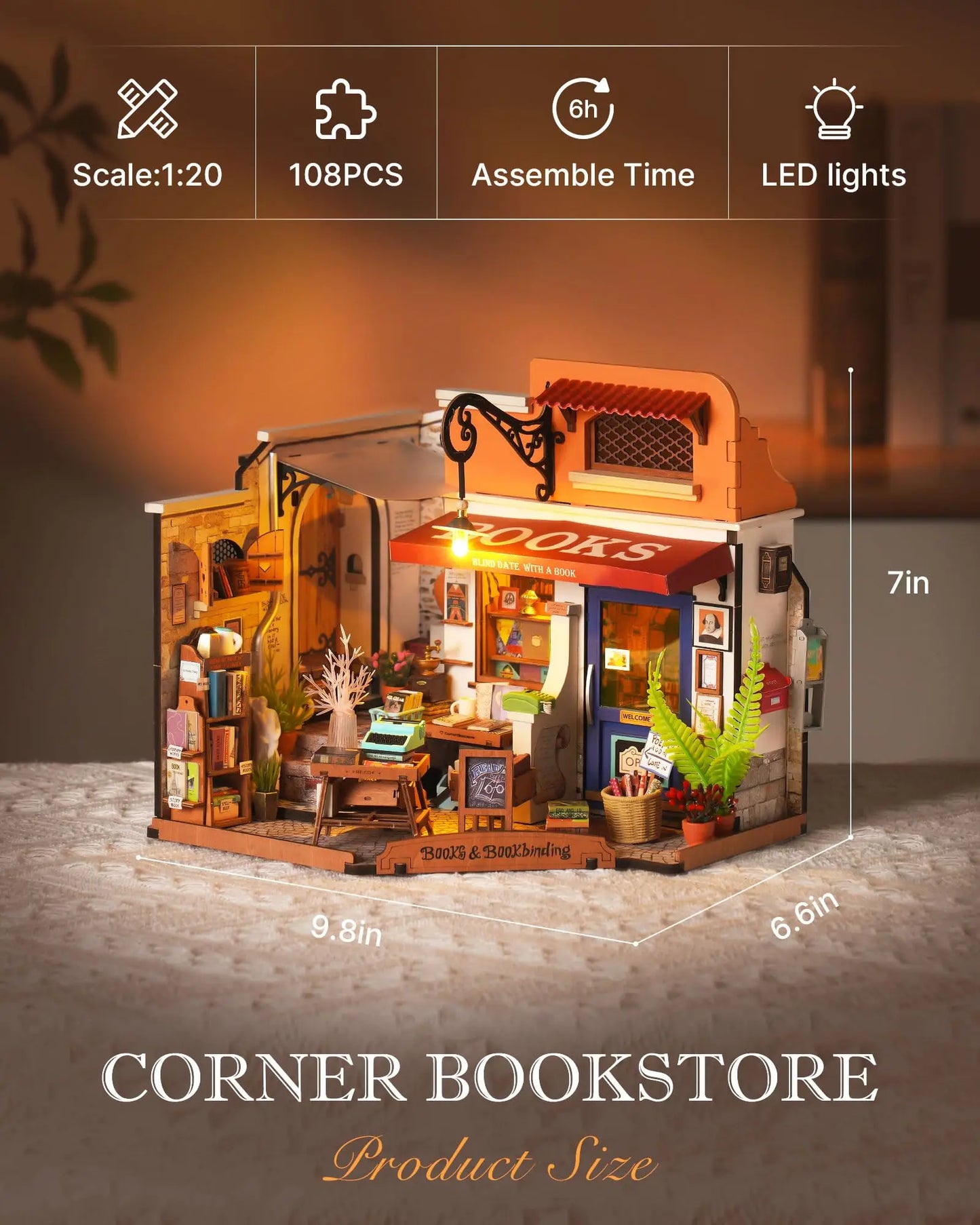 Corner Bookshop DIY Kit w/LED Lights