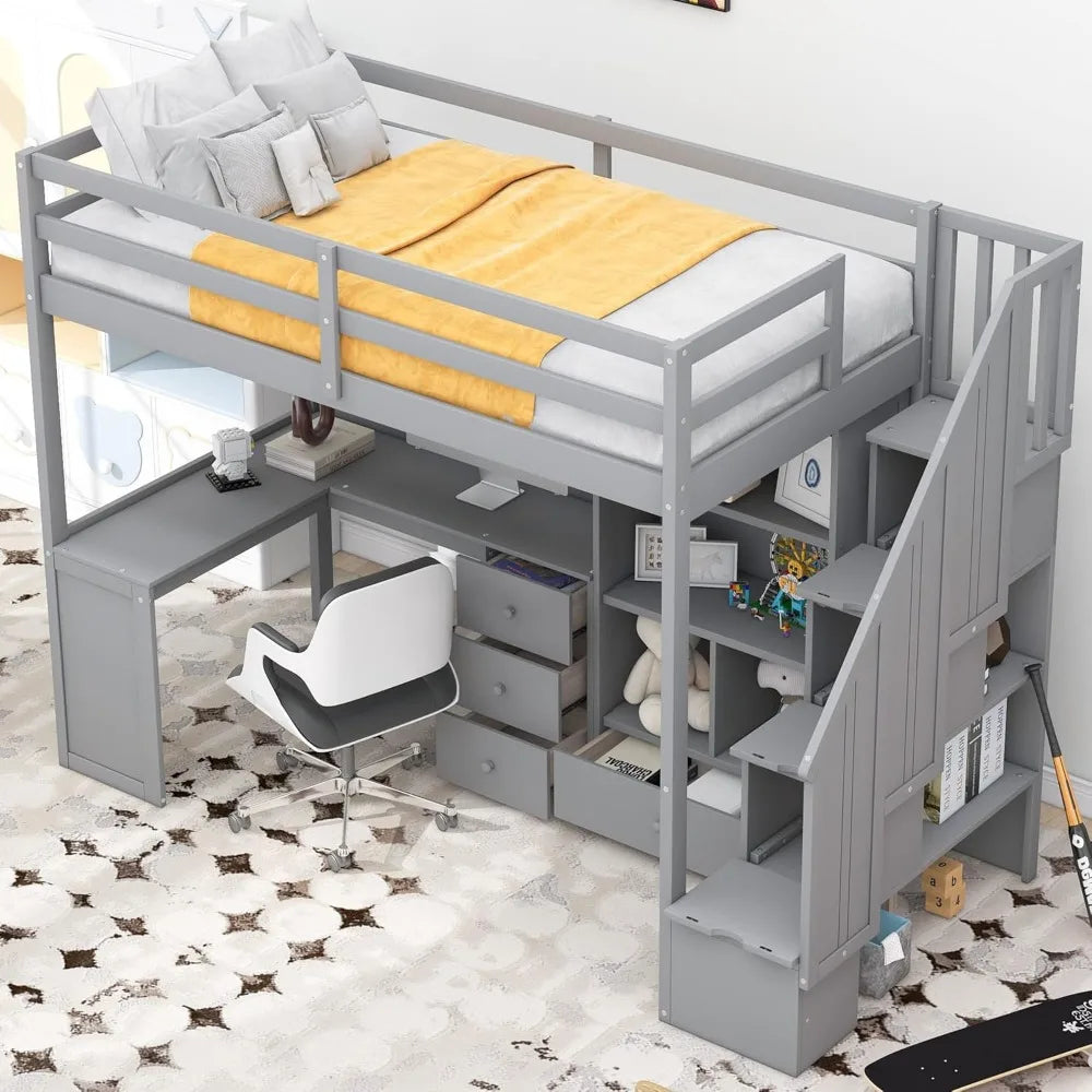 Twin Size Loft Bed with Stairs and Desk