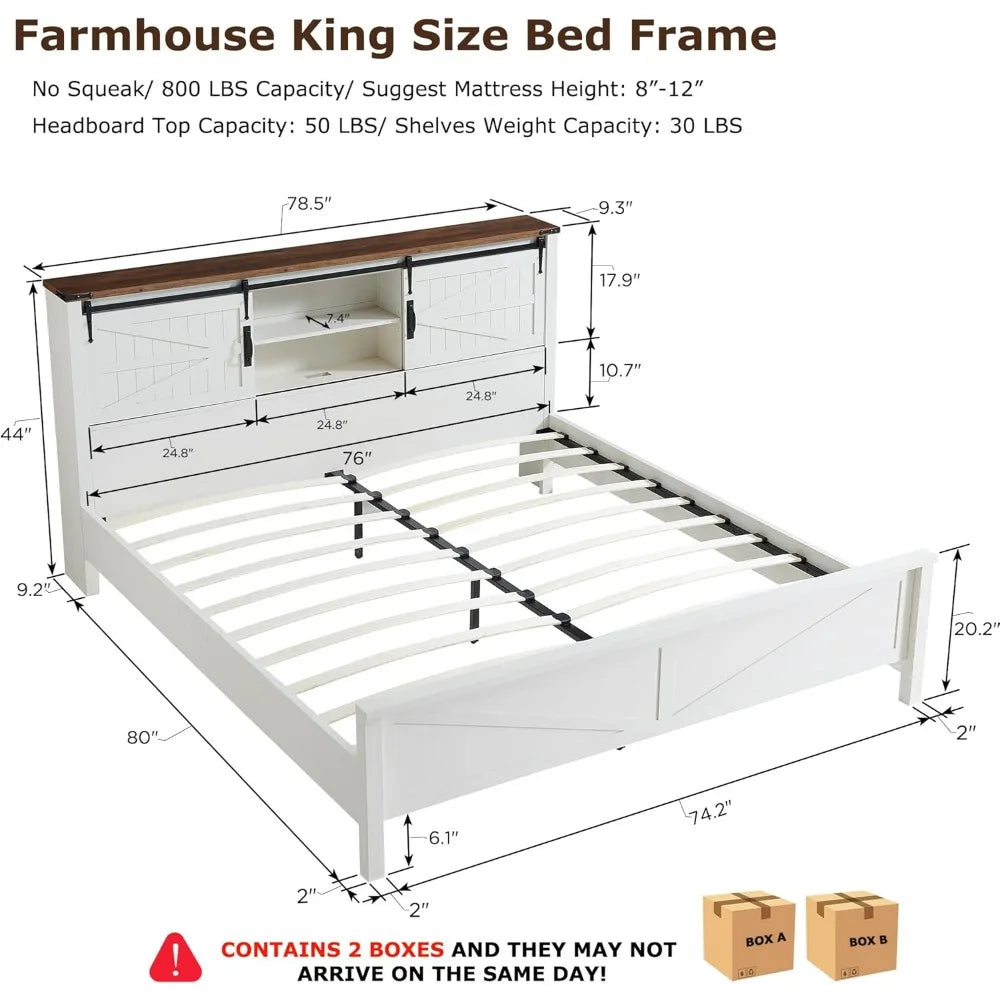 Farmhouse King Size Bed Frame w/Charging Station,