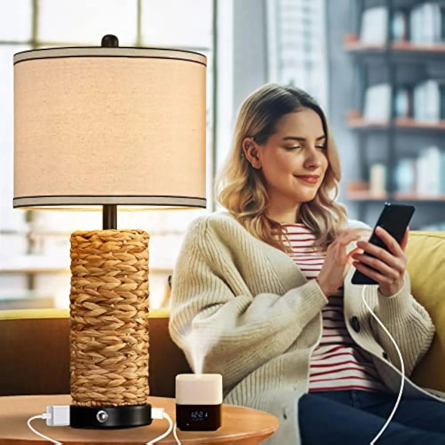 Rattan Table Lamp Set of 2 Wicker Lamps