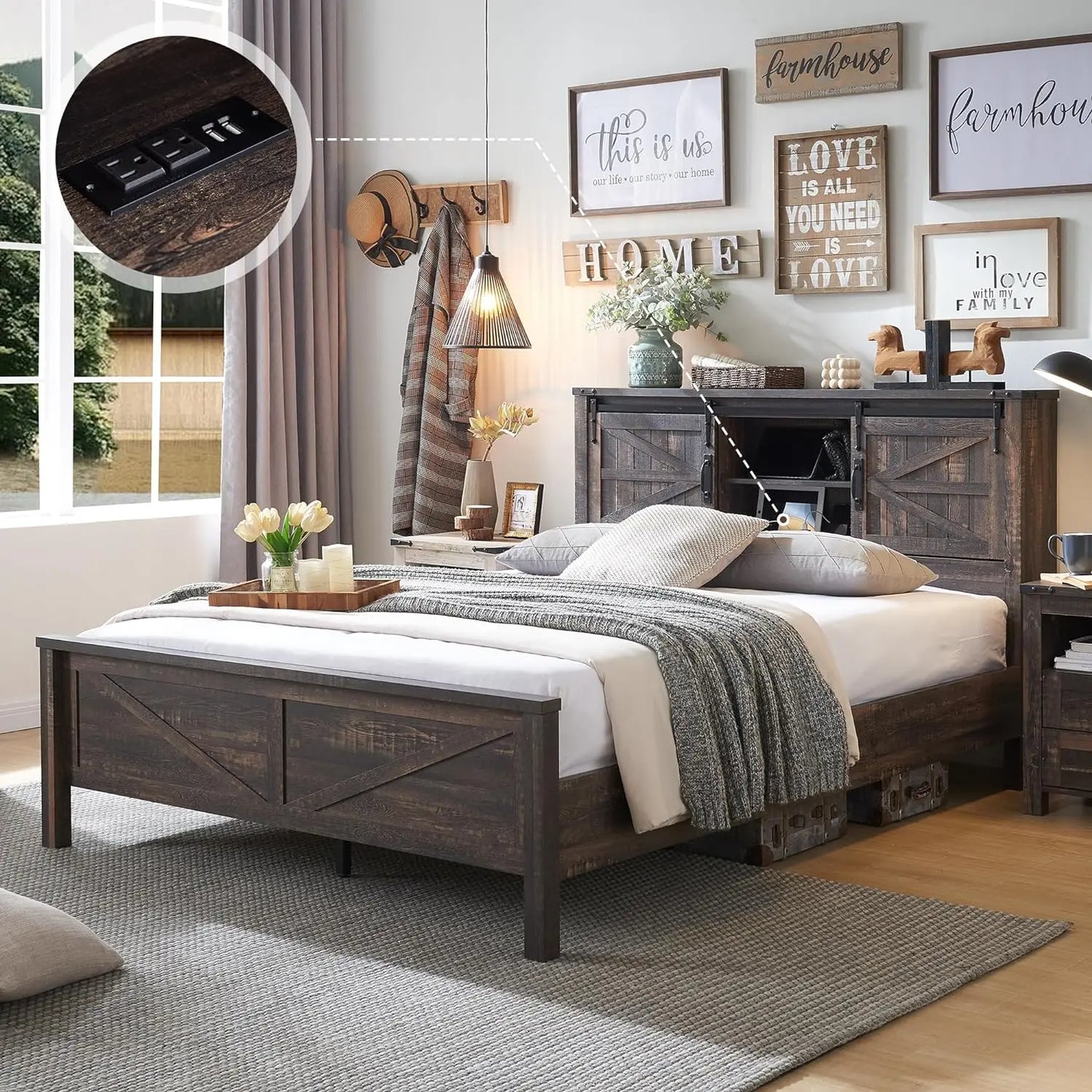 Farmhouse King Size Bed Frame w/Charging Station,