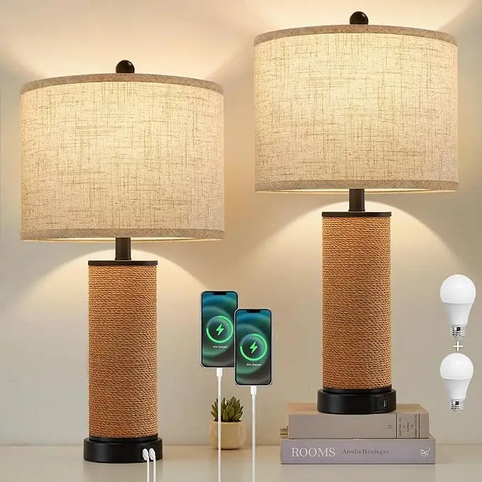 Rattan Table Lamp Set of 2 Wicker Lamps