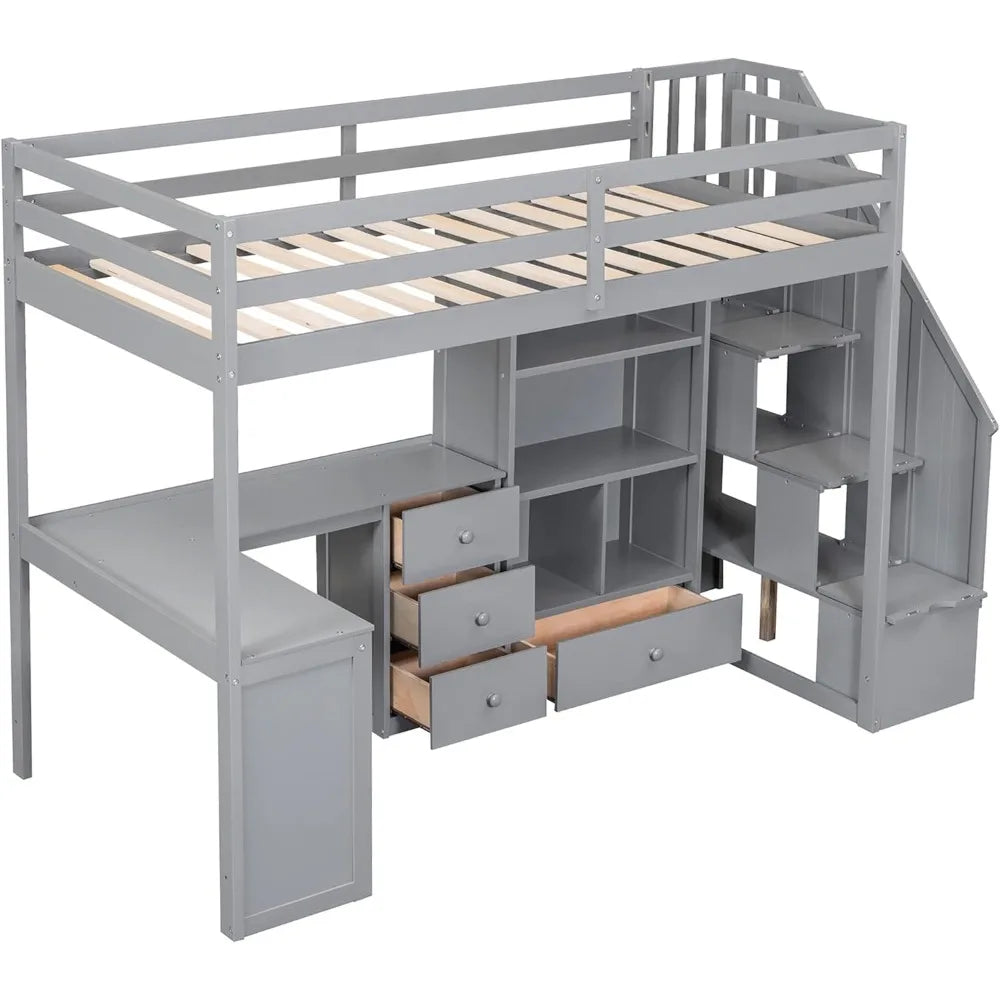 Twin Size Loft Bed with Stairs and Desk