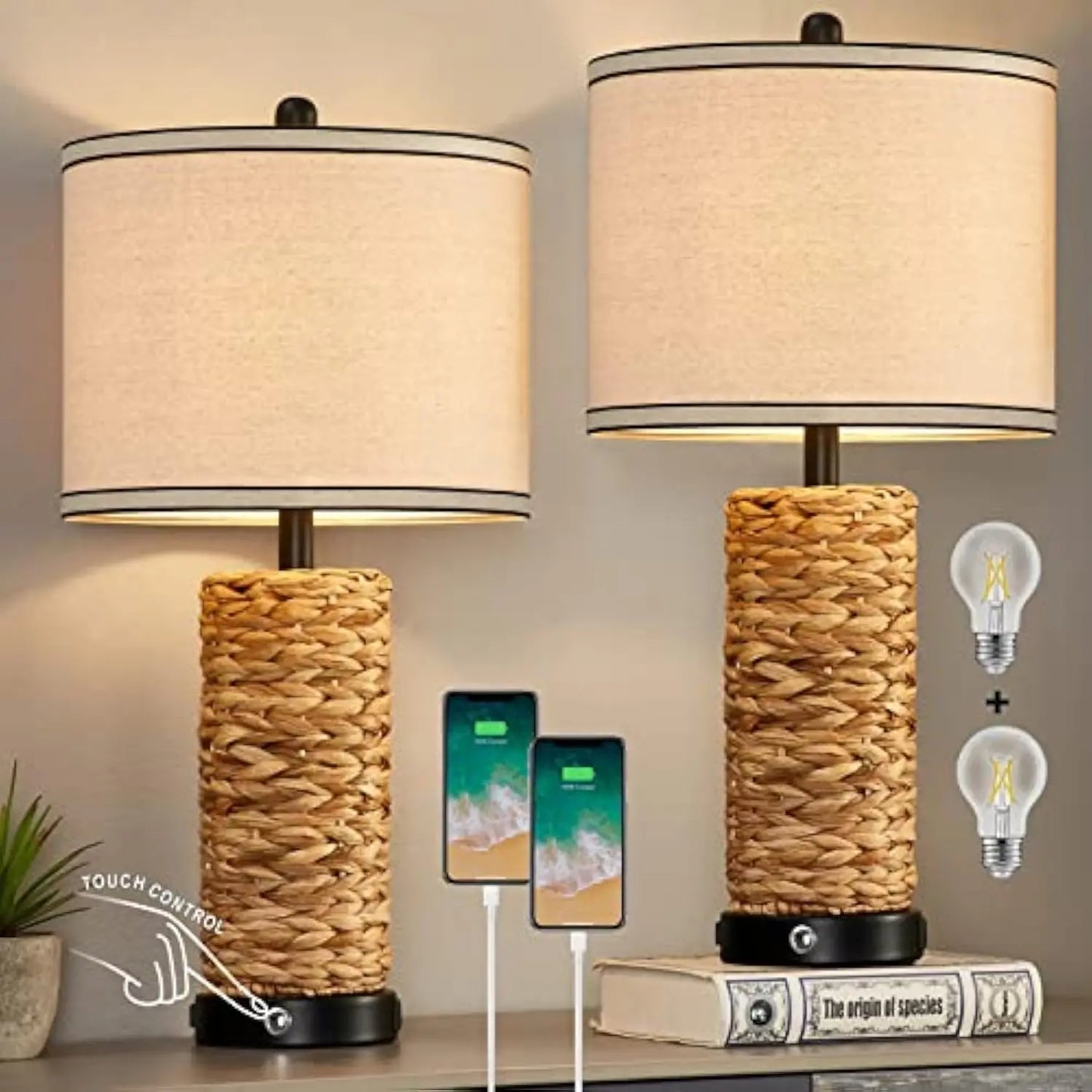 Rattan Table Lamp Set of 2 Wicker Lamps