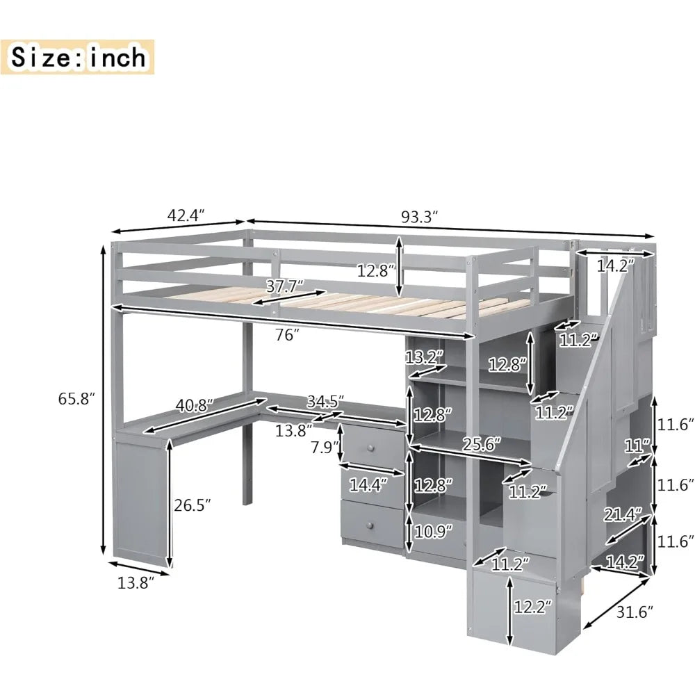 Twin Size Loft Bed with Stairs and Desk