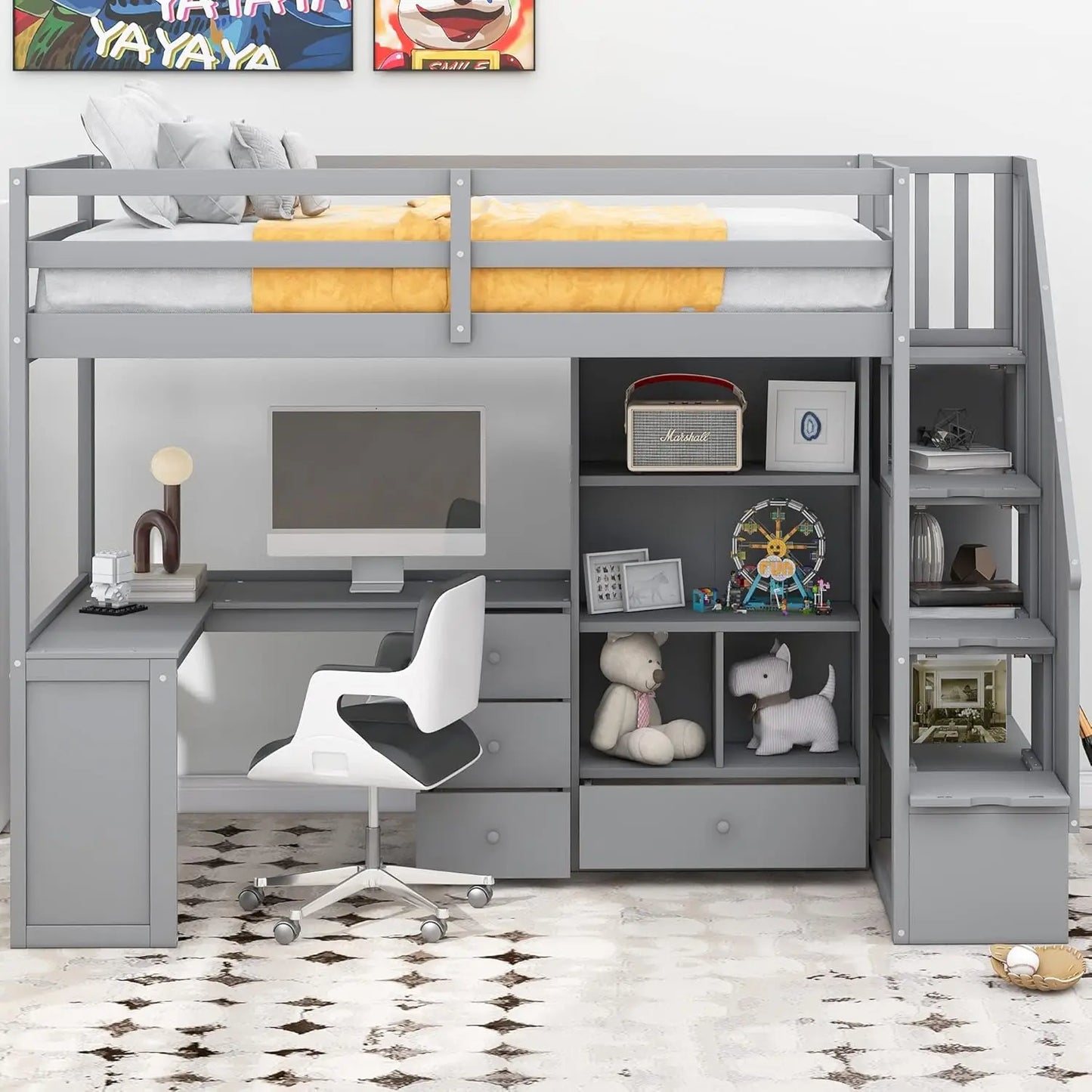 Twin Size Loft Bed with Stairs and Desk