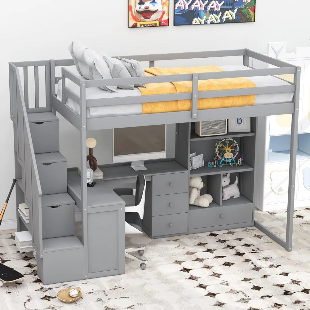Twin Size Loft Bed with Stairs and Desk