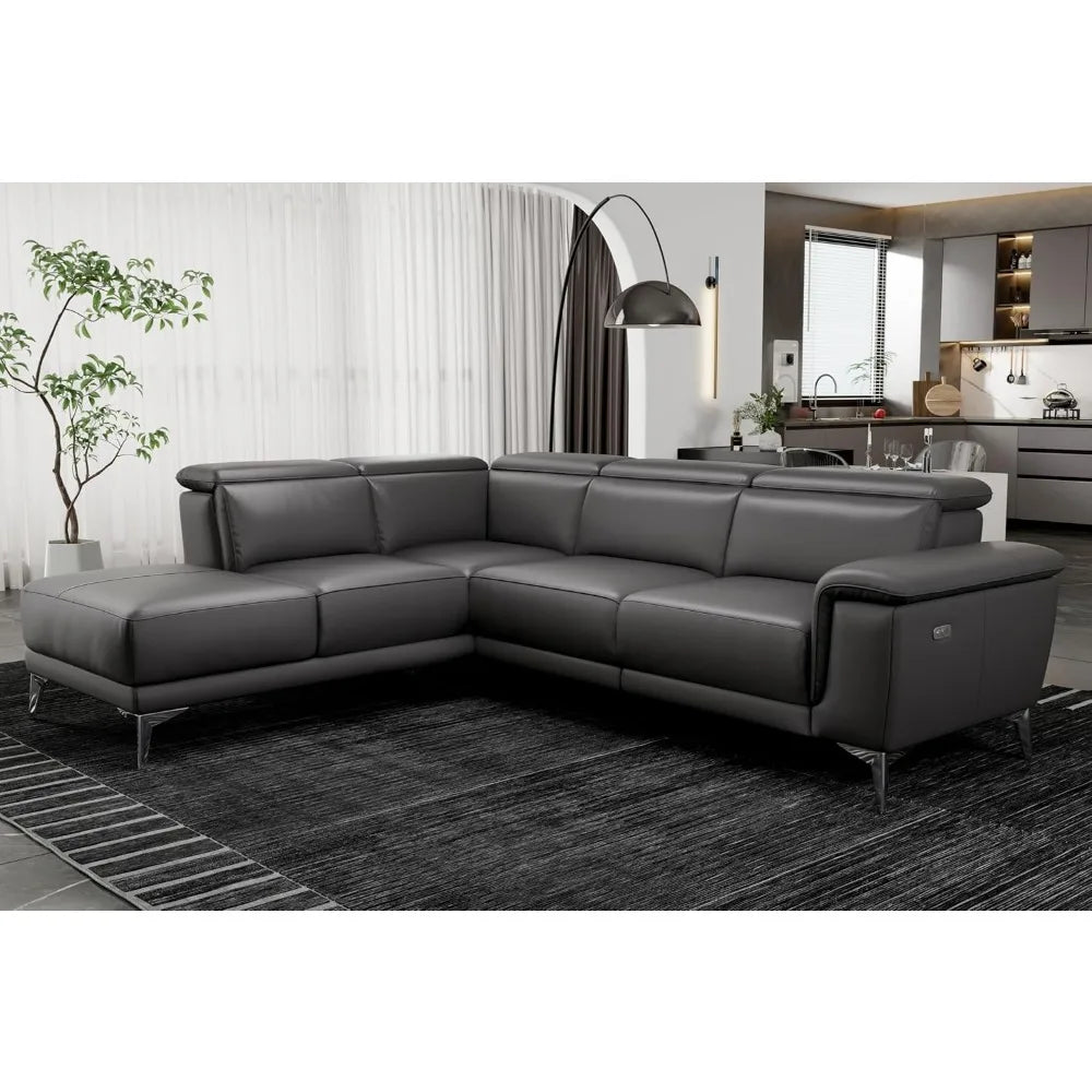 113" Cloudy Grey Full Leather Reclining Sectional Sofa