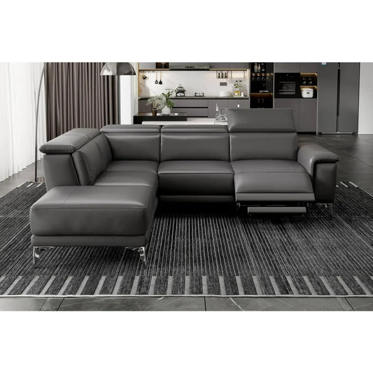 113" Cloudy Grey Full Leather Reclining Sectional Sofa