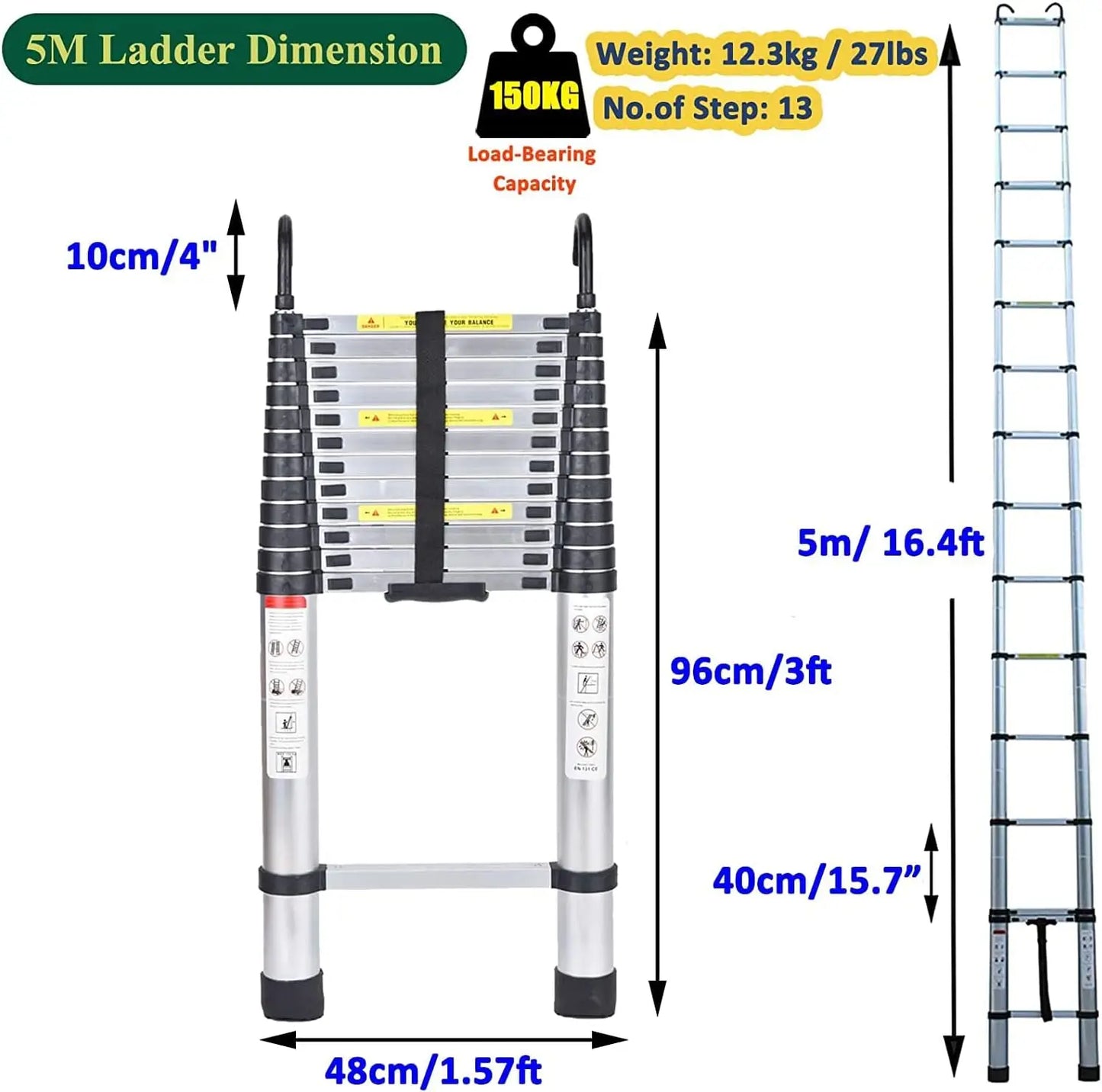 Telescopic Ladder w/hooks,16.5FT
