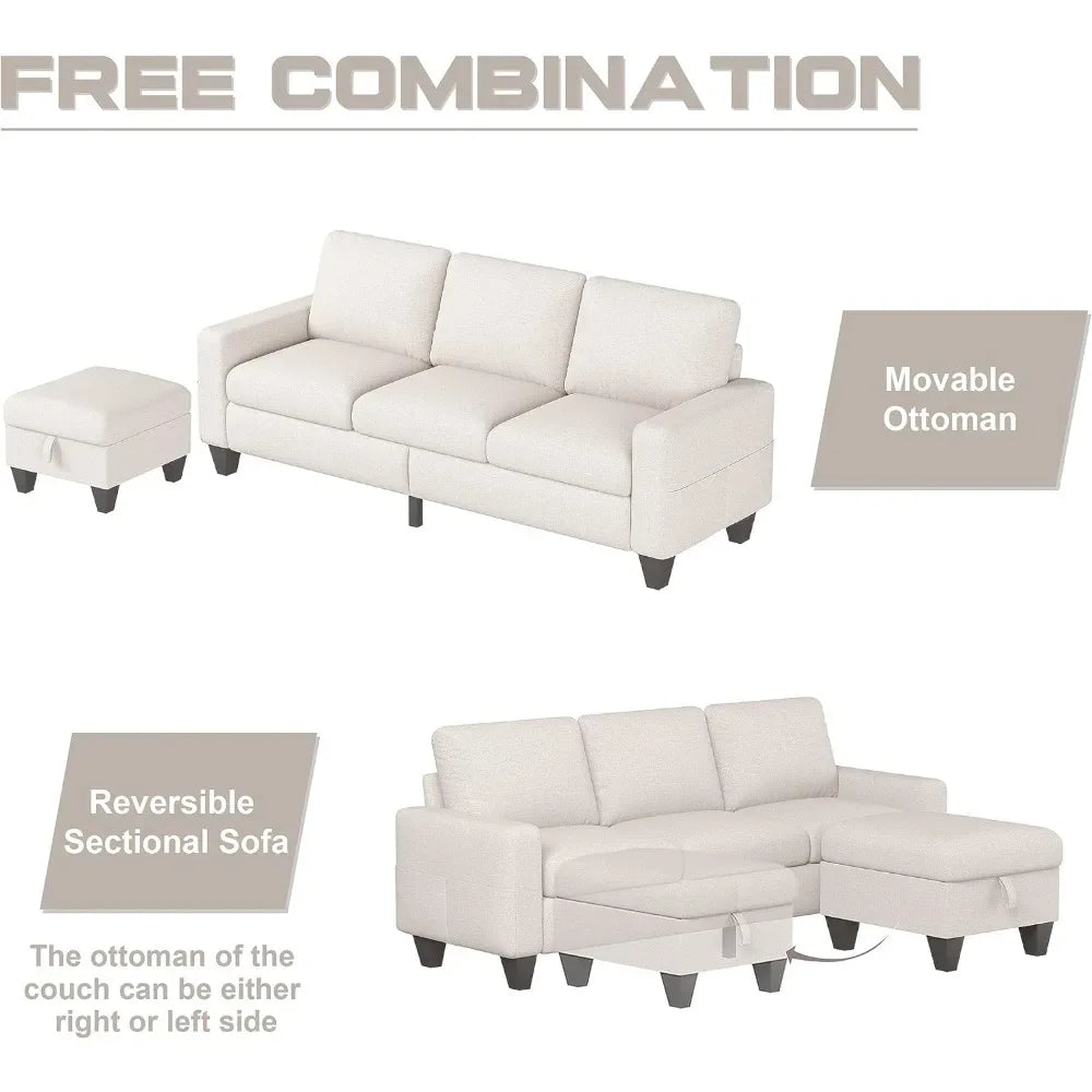Convertible sofa, modern 3-seater with storage footstool