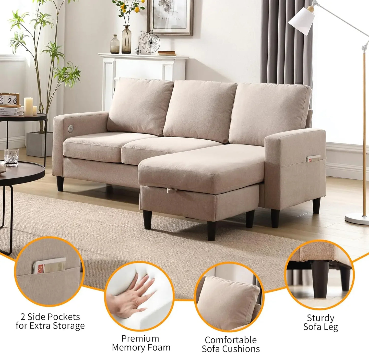Linen Sofa 3-Seats w/Chaise & Charging Ports