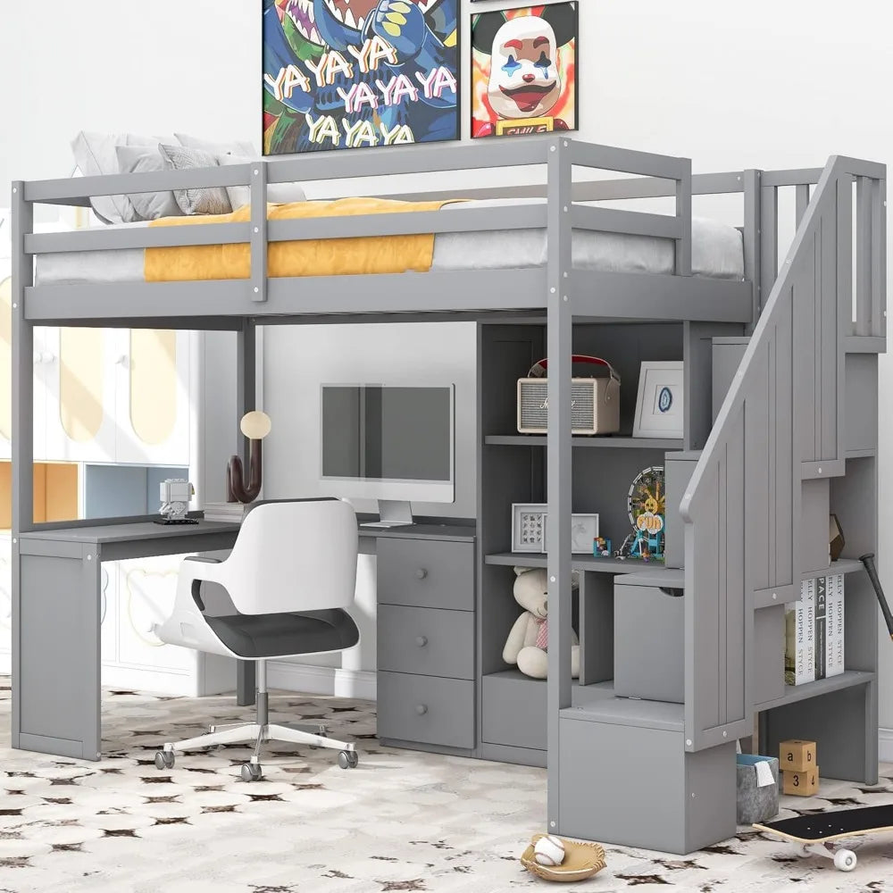 Twin Size Loft Bed with Stairs and Desk