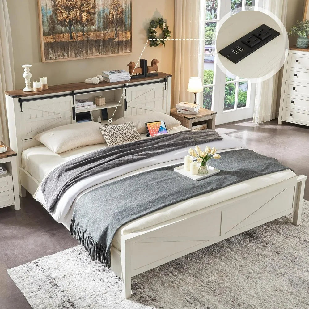 Farmhouse King Size Bed Frame w/Charging Station,