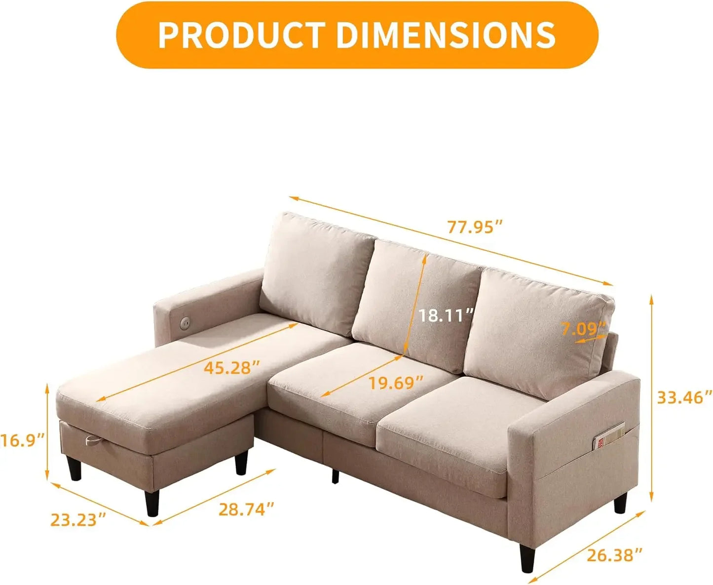 Linen Sofa 3-Seats w/Chaise & Charging Ports