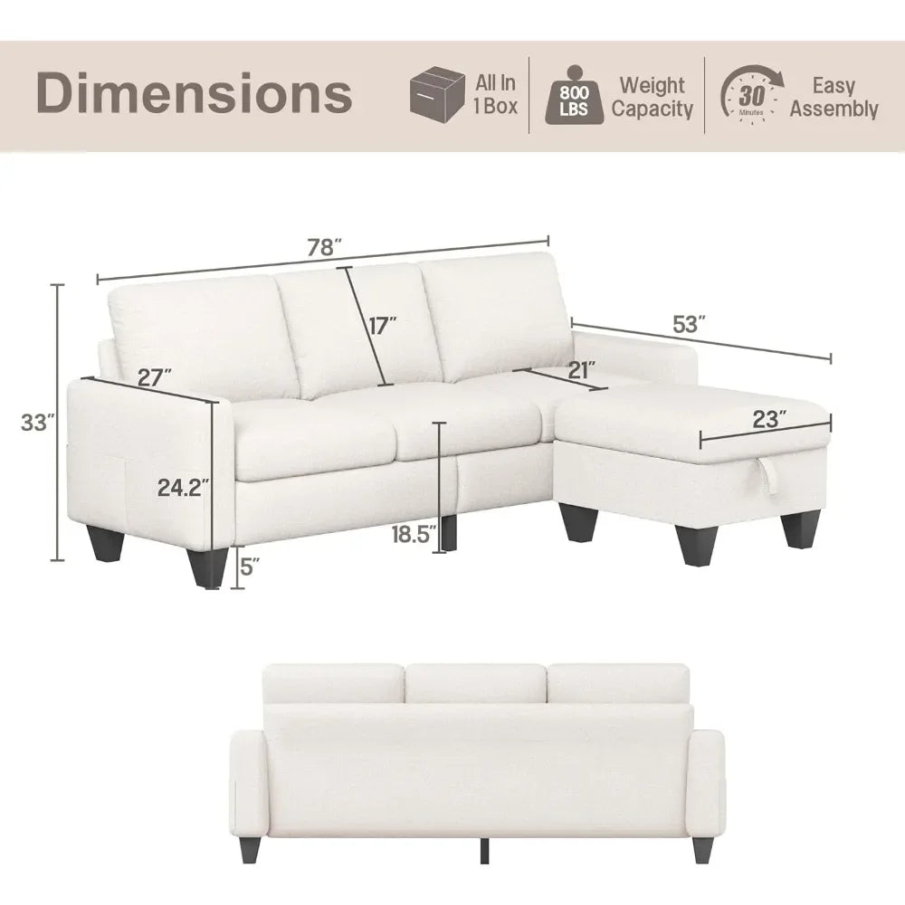 Convertible sofa, modern 3-seater with storage footstool