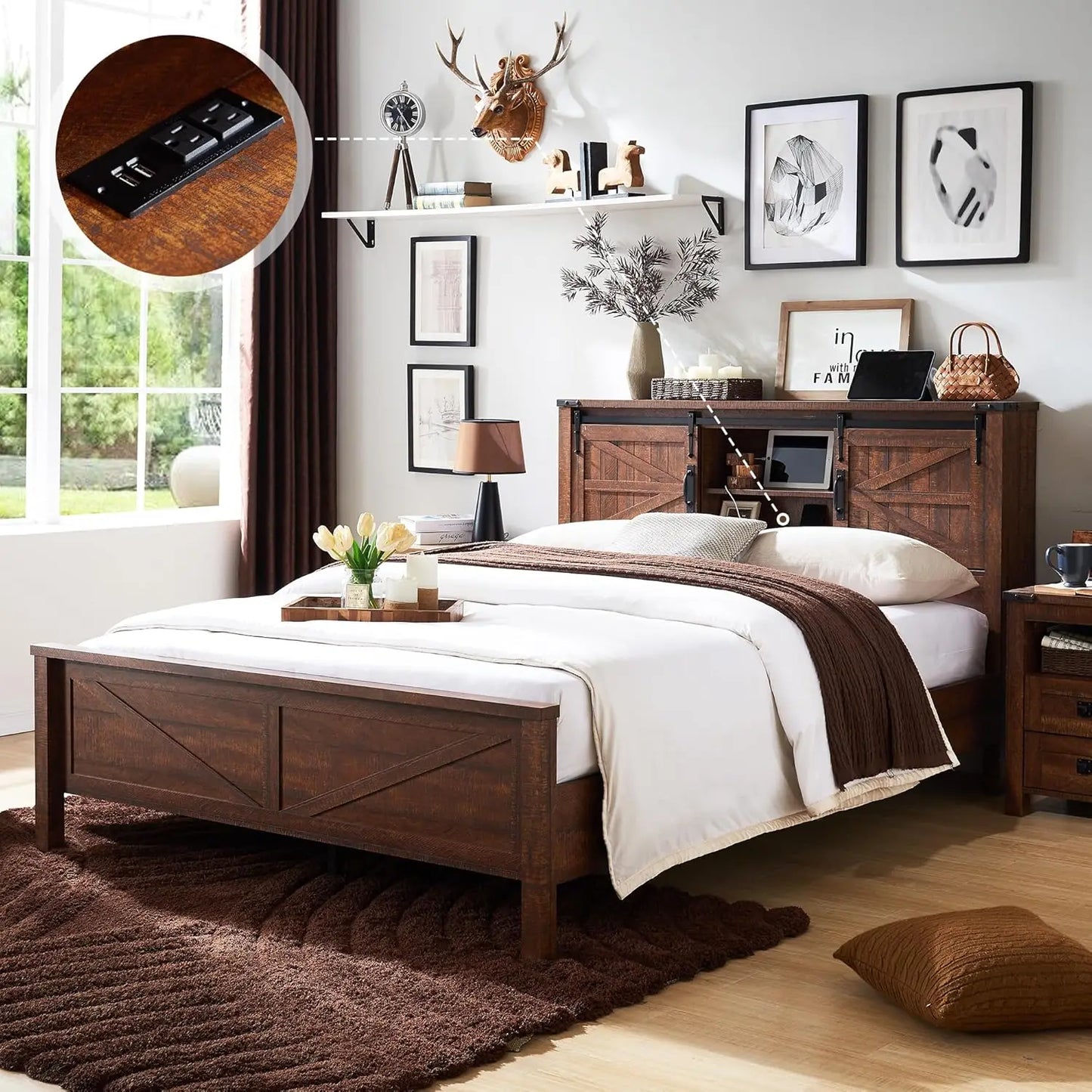 Farmhouse King Size Bed Frame w/Charging Station,