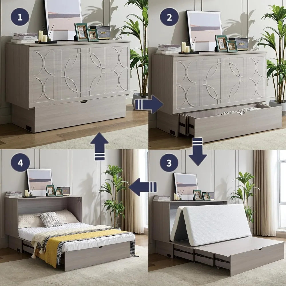 Cabinet Queen Bed, Folding Mattress & USB Ports