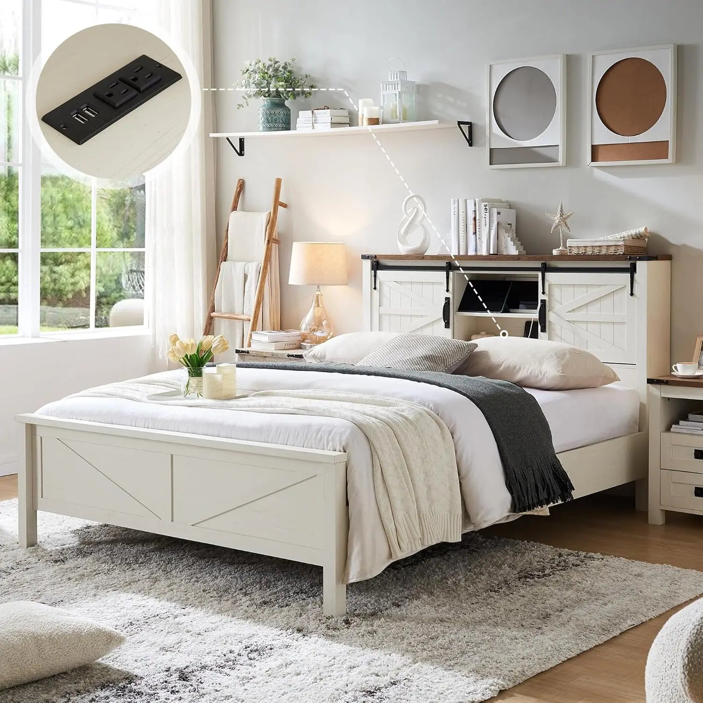 Farmhouse King Size Bed Frame w/Charging Station,