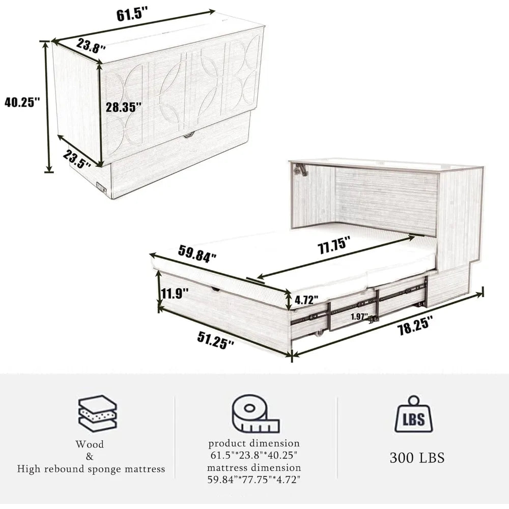 Cabinet Queen Bed, Folding Mattress & USB Ports