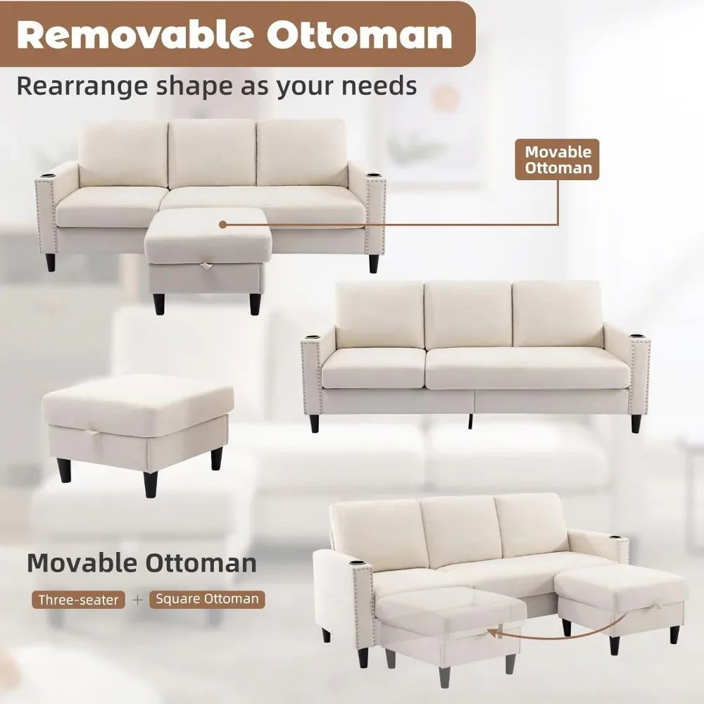 3-Seat Sofa with Storage Chaise & 2 Cup Holders