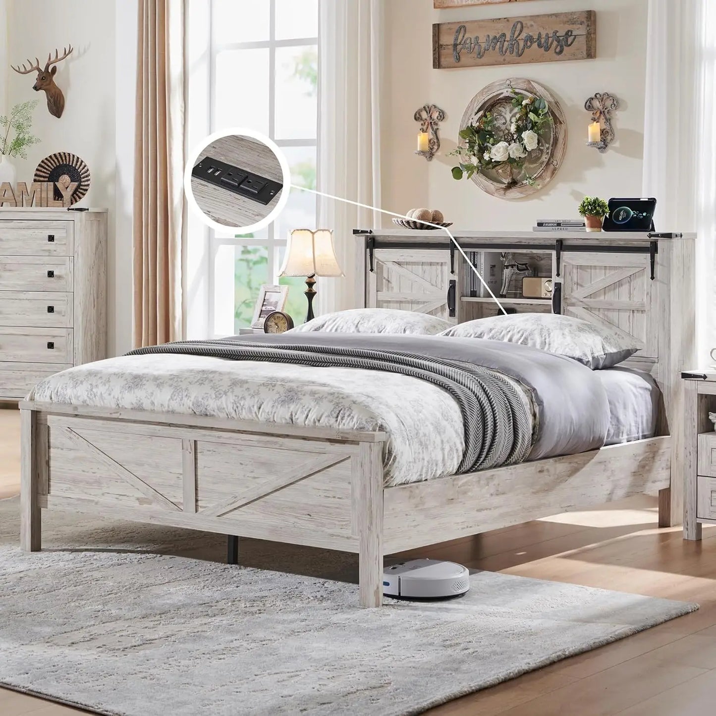 Farmhouse King Size Bed Frame w/Charging Station,