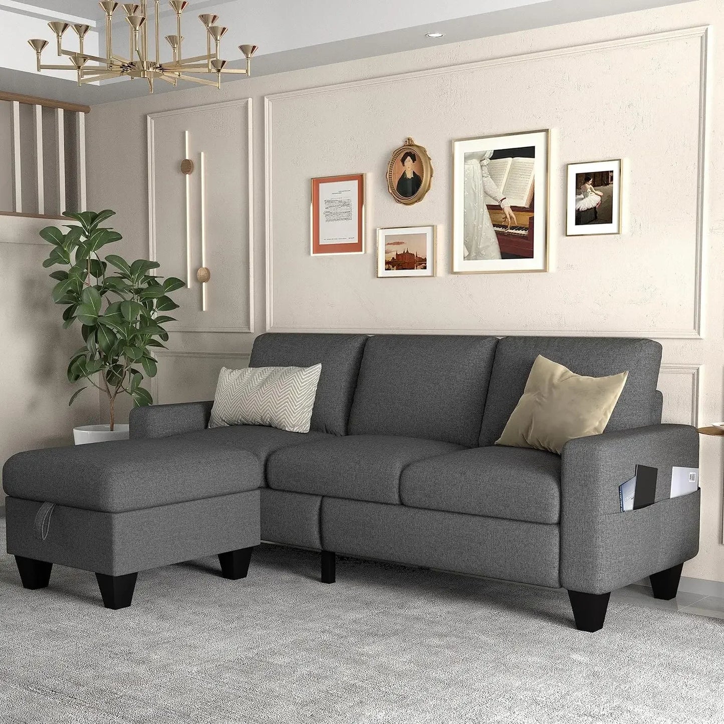 Convertible sofa, modern 3-seater with storage footstool