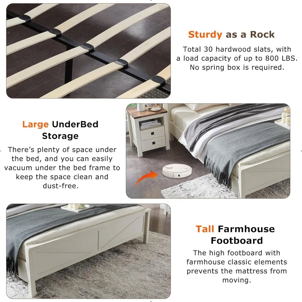 Farmhouse King Size Bed Frame w/Charging Station,