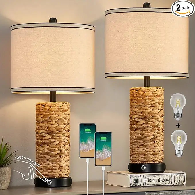 Rattan Table Lamp Set of 2 Wicker Lamps
