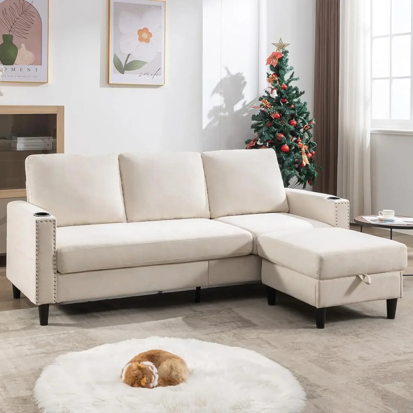 Linen Sofa 3-Seats w/Chaise & Charging Ports