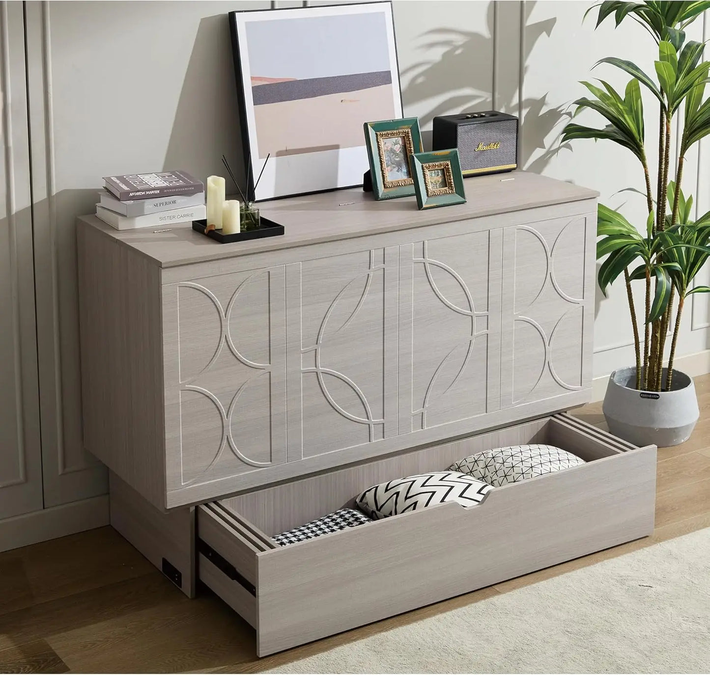 Cabinet Queen Bed, Folding Mattress & USB Ports