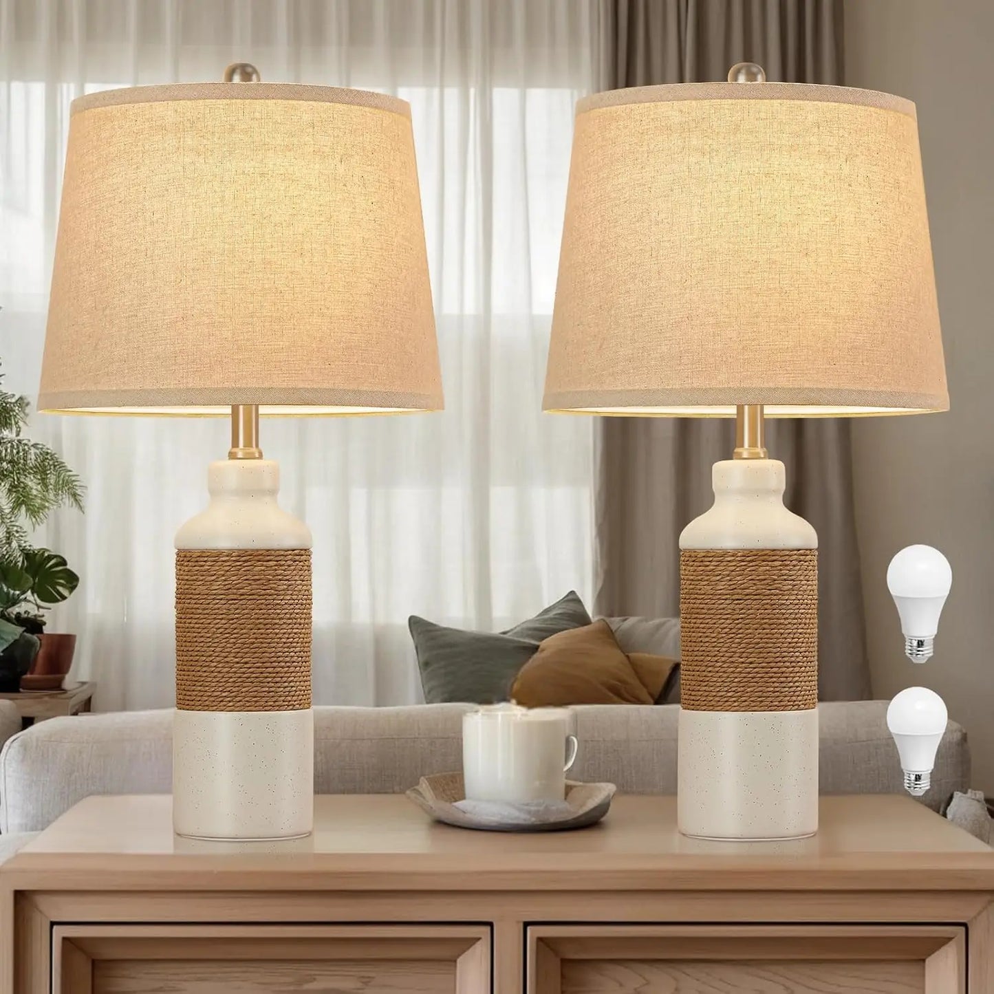 Rattan Table Lamp Set of 2 Wicker Lamps