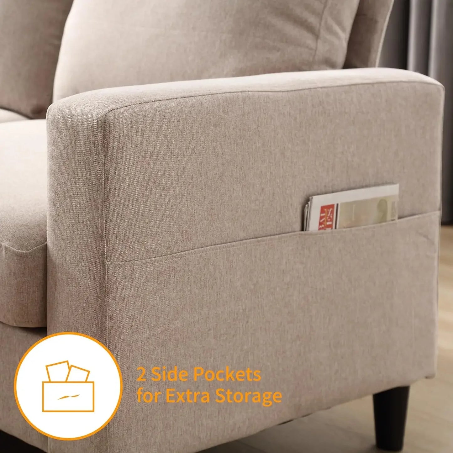 Linen Sofa 3-Seats w/Chaise & Charging Ports